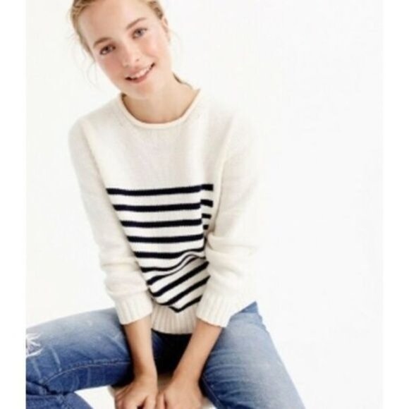J.Crew 1988 Navy Striped Rollneck Sweater Ivory/Navy Stripe - Picture 1 of 4